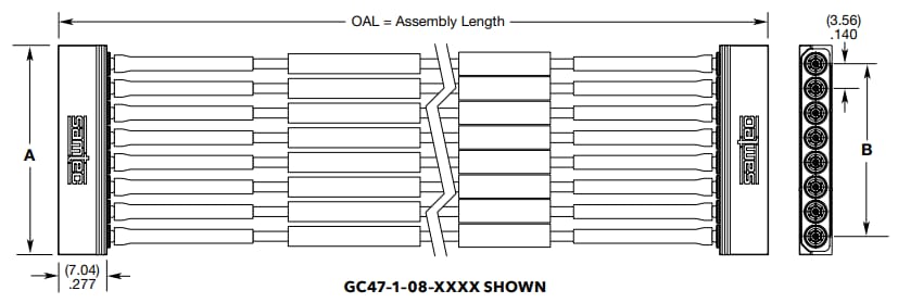 Technische Zeichnung - Samtec GC47 Magnum RF™ SMPM Gekoppelte Kabelsätze